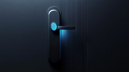 high-tech smart lock on a sleek front door, a fingerprint recognition sensor glowing with a soft blue light as it authenticates, macro detail on the brushed metal finish, dramatic side lighting. 