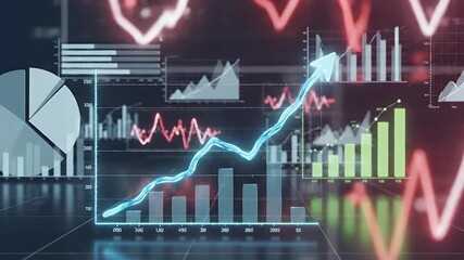 Dynamic digital interface displaying comprehensive financial data analytics with upward trending graphs, illustrating market growth and business success in a modern technology environment - Powered by Adobe