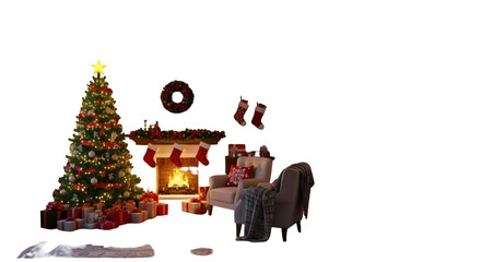 christmas tree and decorations on white background