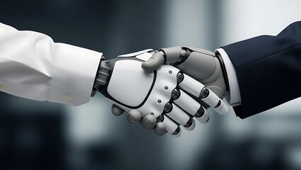 Artificial Intelligence Partnership: A futuristic handshake between a human and a robot symbolizes the integration of technology and business collaboration, indicating a seamless partnership. 