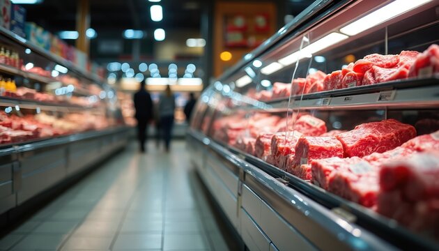 Fresh red meat cuts displayed in chilled supermarket deli case. Shoppers walk past rows of beef pork lamb poultry in grocery store food section. Butcher service counter provides fresh raw meat.