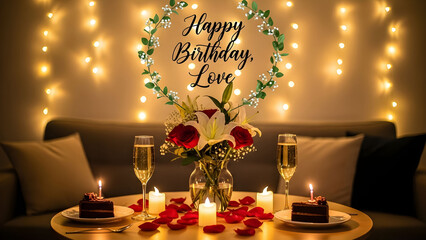 Romantic birthday celebration setup with champagne cake flowers and warm string lights for love