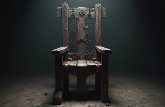 Old wooden torture chair with metal chains and leather straps sits in dark stone room. Medieval punishment device awaits victim in isolated dungeon.