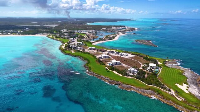 Panoramic aerial view of the beautiful Emerald Bay and beach at Great Exuma island, The Bahamas, Caribbean Sea