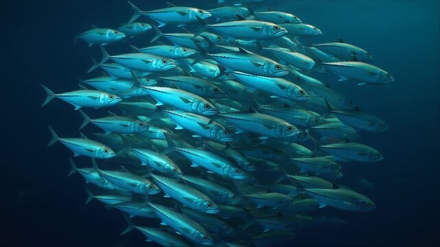 Animation of mackerel forming a bait ball. Fish flock in dark ocean water.