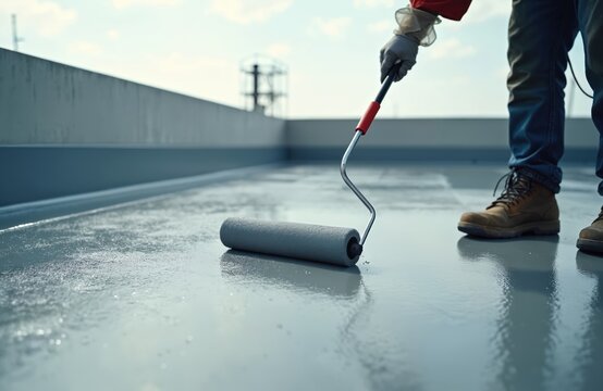 Construction worker applies waterproofing coating with a roller on a flat rooftop. Building exterior protection during daytime. Contractor reinforces gray floor.