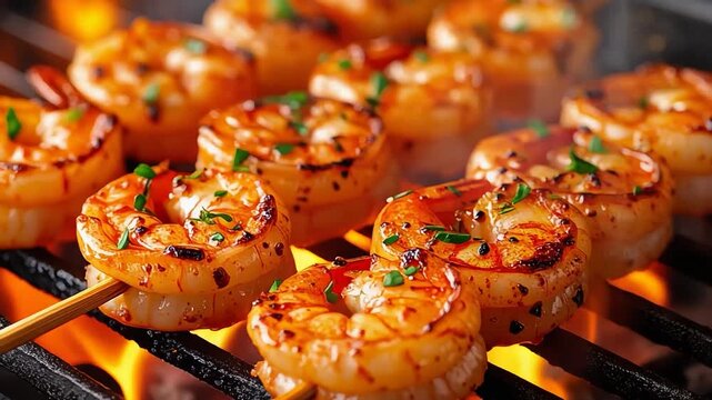 Juicy grilled shrimp skewers sizzling over open flames, seasoned with herbs and spices for a flavorful seafood barbecue.