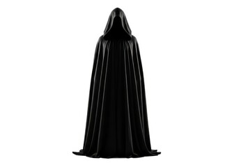 Naklejka premium Full length view of a figure concealed within a voluminous black hooded cloak against a white background