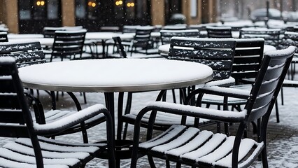 Naklejka premium Outdoor cafe patio furniture covered in fresh snow during winter, empty tables and chairs in the cold weather