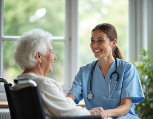Fototapeta premium Young caregiver talks happily with elderly woman in wheelchair. Nurse assistant provides support and care to senior patient. Home healthcare service, companionship, medical check-up.