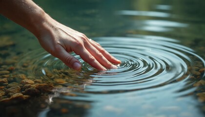 Person touches calm water, creating circular ripples on clear stream surface. Submerged stones visible below, gentle motion suggests purity, freshness, and natural serenity.
