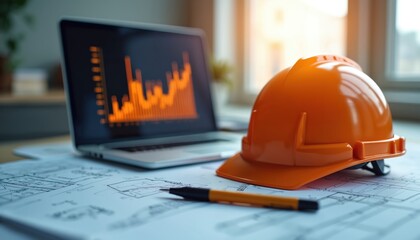 Orange hard hat sits on architectural blueprints next to laptop showing financial charts. Engineering plans and data analysis displayed on desk. Pro workspace for building project planning.