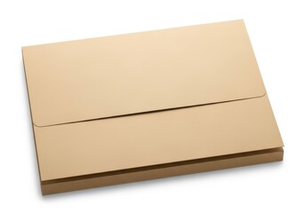 Flat brown cardboard portfolio folder lies closed against a stark white background