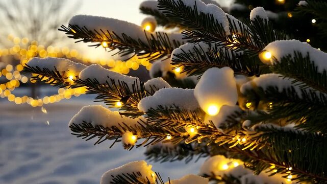 Snowy pine branches with warm holiday lights