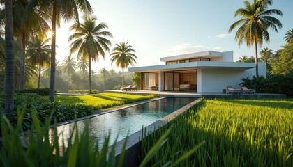 Modern tropical villa. Exterior photo shows white house with pool. Tall palm trees surround building. Sun shines on green grass. Luxury vacation home located in nature.