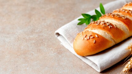 Fresh golden loaf with sunflower seeds on a linen cloth, styled on a warm rustic surface