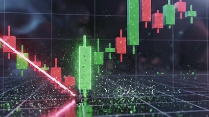 Captivating digital visualization of a dynamic stock market candlestick chart, illustrating financial growth, market volatility, and economic downturns with abstract data points and glowing indicators - Powered by Adobe
