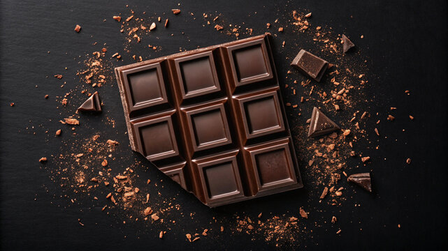 Dark chocolate bar with cocoa flakes on black background
