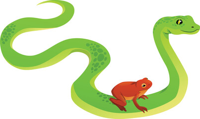 Naklejka premium Green spotty snake with frog, cartoon exotic pet reptiles, vector flat wild amphibian animals, crawling viper serpent
