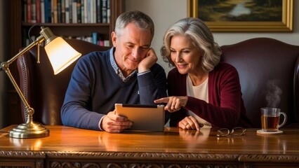 Senior couple happily explores modern digital tablet content together, engaging with technology in a cozy home office environment