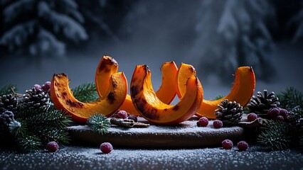 Roasted pumpkin slices arranged decoratively on a wooden board with pine cones and cranberries in a snowy, dark winter forest setting, evoking a festive holiday atmosphere