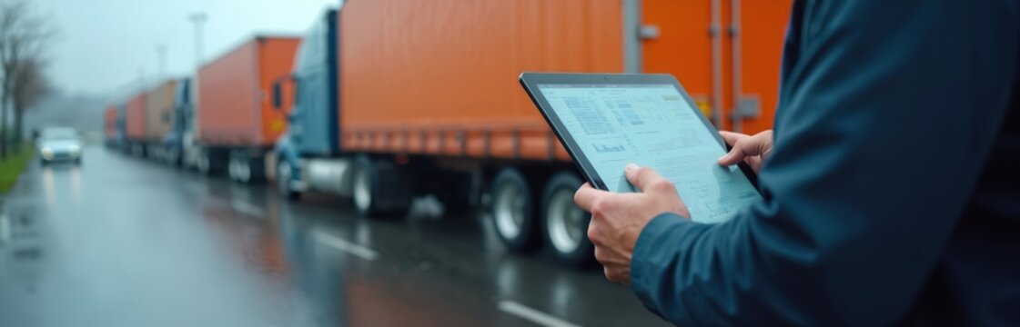 Man checks digital tablet with truck fleet data. Logistics specialist manages transport routes in wet weather. Digital tech optimizes supply chain operations, improving delivery efficiency, cargo