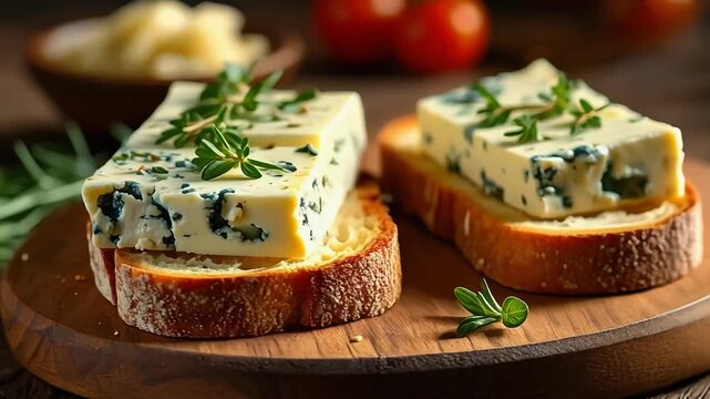 Slices of artisan blue cheese served on rustic bread and garnished with fresh herbs, creating a gourmet appetizer.