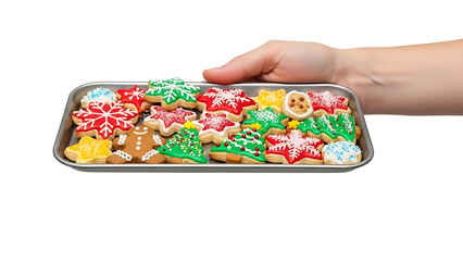 Hand holding a tray of assorted colorful christmas holiday sugar cookies isolated on white isolated on transparent background