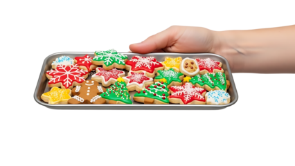 Hand holding a tray of assorted colorful christmas holiday sugar cookies isolated on white isolated on transparent background