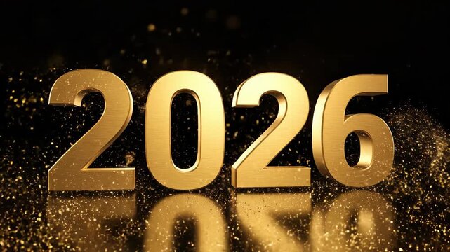 Futuristic 3D golden 2026 numerals animating with sparkles and glow. New year graphic with metallic particle effects on black background for celebration visuals.