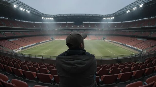 Man wearing a baseball cap watches alone the empty football stadium from the stands, awaiting the game to begin or reflecting on past events