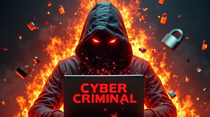 Mysterious figure in a hooded jacket with glowing eyes, surrounded by fire and digital locks, representing a cyber criminal theme.