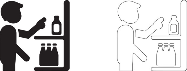 Man points to a bottle on a shelf. Editable vector icon.