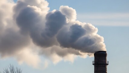 Thick white smoke or steam billowing from an industrial chimney or smokestack against a clear blue sky, symbolizing pollution and climate change issues