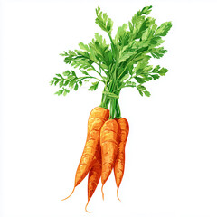 Fresh carrots with green tops gathered together in a bunch on a plain background