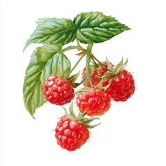 Fresh raspberries on a green vine with leaves in a simple setting