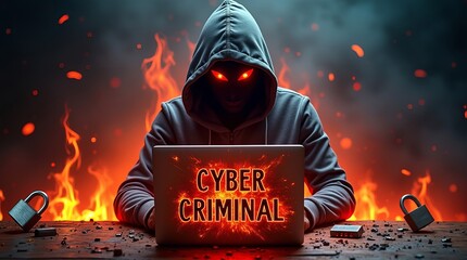 A hooded figure with glowing eyes intensely typing on a laptop, surrounded by flames, embodying the concept of a cyber criminal.