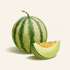 Melon sitting next to a sliced piece on a plain background showcasing fresh fruit contrast