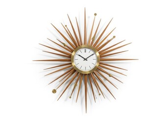 Mid century modern style sunburst wall clock features radiating wooden rays and a brass center on a white background