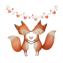 Two foxes share a moment together under hearts and flowers