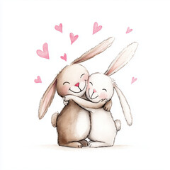 Two rabbits hug each other with hearts around them for a sweet moment of connection