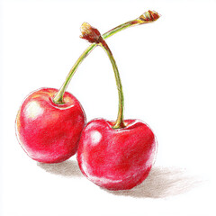 Two red cherries with green stems on a white background creating a simple still life