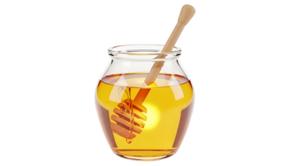 Golden Nectar: A jar brimming with golden honey, a wooden dipper resting invitingly within, showcasing the deliciousness of nature's sweet treat.