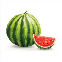 Watermelon sits next to a slice on a white background in the summer season ready to be eaten by family and friends during a picnic