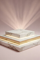 Sophisticated marble and gold tiered display stand with illuminated glow and light rays on a soft pink background