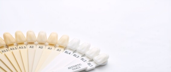 Dental shade guide fan with aesthetic goals text. Teeth whitening comparison chart on white background. Cosmetic dentistry concept with copy space