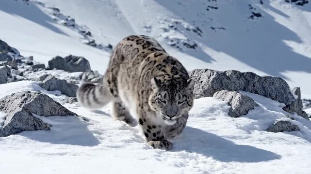 Majestic snow leopard walking in snowy mountains with winter landscape, rocks.