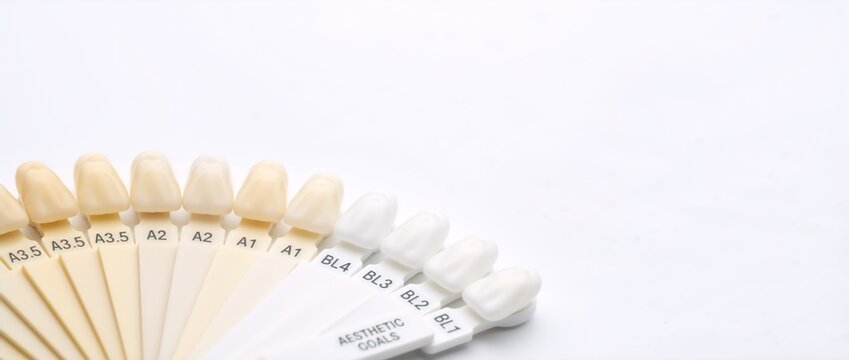 Dental shade guide fan with aesthetic goals text. Teeth whitening comparison chart on white background. Cosmetic dentistry concept with copy space