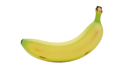 Banana: A perfectly ripe banana, its peel a vibrant yellow with hints of green, elegantly curves in a simple, clean composition. Its form speaks of tropical flavors and natural sweetness.