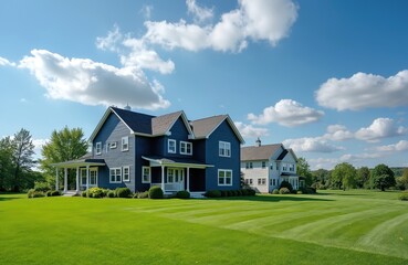 Obraz premium Spacious blue country home sits on manicured lawn under bright sky. Rich green trees surround the large estate. Modern suburban dwelling features white trim and porch.
